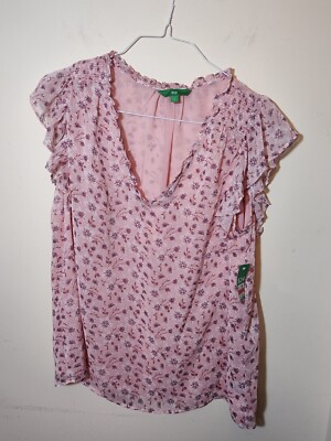 Dip Size L Light Pink Top With Flowers Flutter Sleeves Thin Light Weight NWT-image