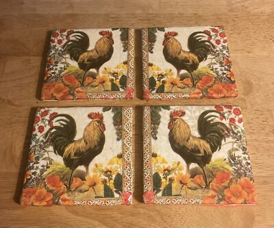 Rooster Chalk Coasters (Set Of Four) Top: Decoupage Bottom: Felt - Punch Studio-image