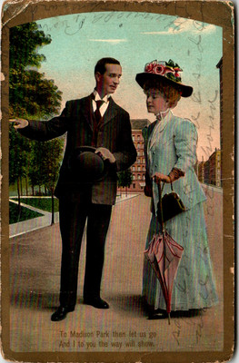 Madison Park Postcard Man & Woman with Umbrella HUDDLESTON VA Cancel 1910-image