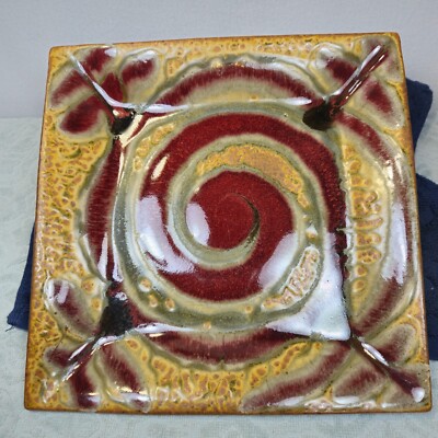 Studio Art Pottery Tray Glaze Red Gray Yellow Signed Square-image