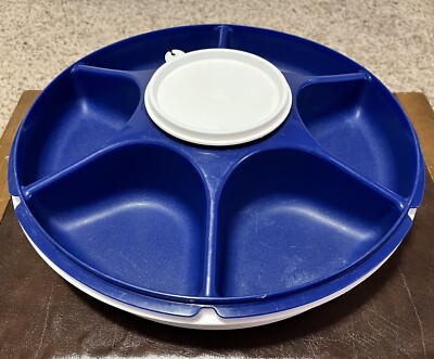 Vintage Tupperware Divided Veggie Serving Tray #1665 Dip Bowl Blue And Lids-image