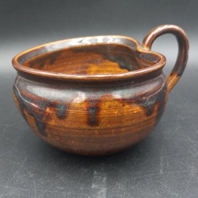 Art Studio Pottery Stoneware Heart Shaped Soup Bowl Brown Drip Glaze Signed-image