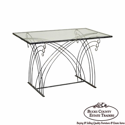 Art Deco Vintage Studio Wrought Iron Glass Top Patio Console Table-image