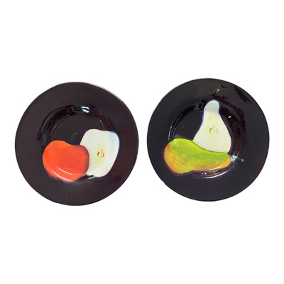 10” Hand Painted Fruit Salad Plates by Pottery Barn China, Purple Pear Apple-image