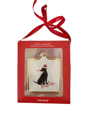 NIB Fringe Studio Dog/Black Labrador Square White/Gold Ceramic Ornament-image
