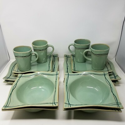 Studio Nova Dinnerware Set Mystic Cove Green HA101 Pattern 4 Place Settings 16pc-image