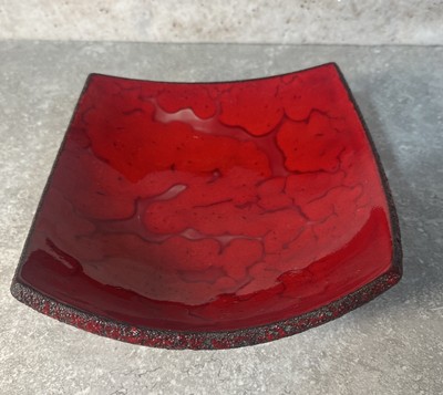 Handmade Studio Art Pottery 7” Square Curved Tray Red And Black Lava Glaze-image