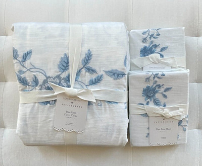 Pottery Barn LOVE SHACK FANCY Full Queen Duvet & 2 Standard Shams Blue Rose NWT-image