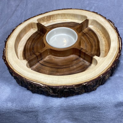 Acacia Bark Raw Edge Dipping Platter Wood Ceramic Farmhouse Serving Dish Large-image