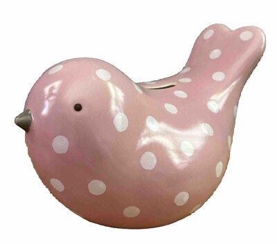Pottery Barn Kids Bird Bank Pink w/White Polka Dot Ceramic Piggy Bank No Stopper-image