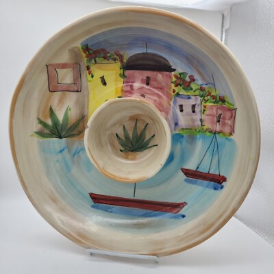 Vietri Chip & Dip Italy Pottery Large Bowl Tray Hand painted village boat Marina-image