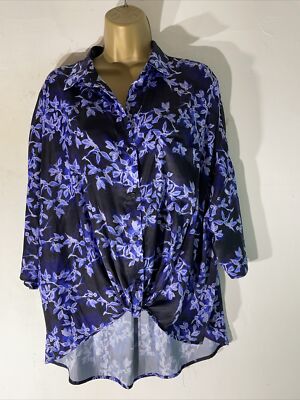 Womens French Connection Large Blue Satin Floral Dip Hem Casual Shirt Blouse-image