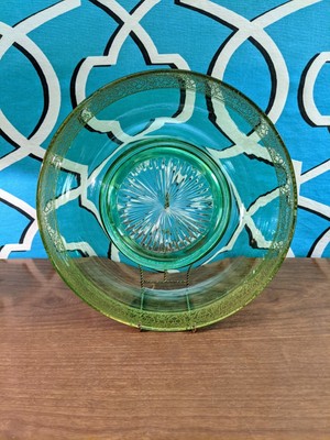 Large green antique Depression glass platter, cracker & dip type, rich gold rim-image