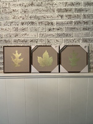 Madison Park Glittery Gold Maple Oak Leaves Canvas Wood Framed Wall Art Set of 3-image