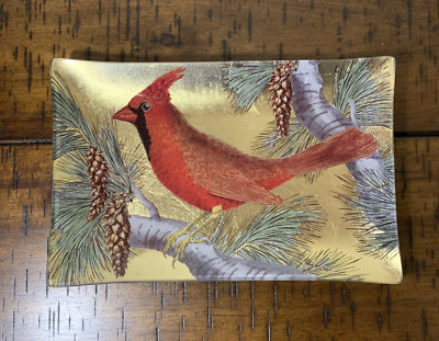 Pottery Barn Decorative Cardinal Bird Plate Dish Glass Gold Backing Christmas-image