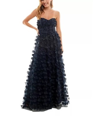New City Studio Dress Juniors Size 11 Navy Lined Lace Flowers Prom Formal-image