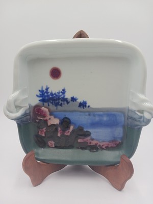 Vintage Studio Art Pottery Square Tray Landscape Scene Artist Signed DOSCH 8