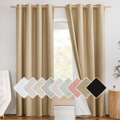 100% Absolutely Blackout Linen Curtains with Thermal Insulated White Liner, C...-image