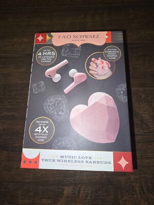 “Music Love” Pink Wireless EarBuds Earphone Heart Shaped Case FAO Schwarz-image