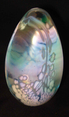 Vintage GES Glass Eye Studio White Iridescent Glass Egg Shaped 3 ¾” Paperweight-image