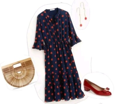 Petite Studio NYC XXS Red Bloom Ruffle Half Sleeve Midi Dress Button Neckline -image