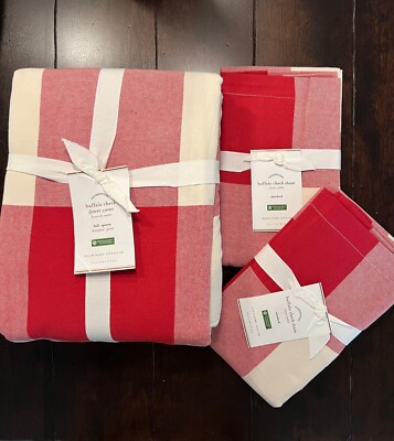Pottery Barn Buffalo Check F/Queen Duvet & 2 Standard Shams Cherry Red & Ivory-image