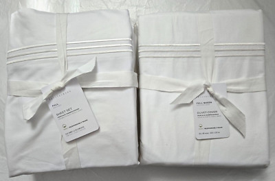 Pottery Barn Full Sheet Set+Duvet Cover Grand Organic Percale Embroidered White-image