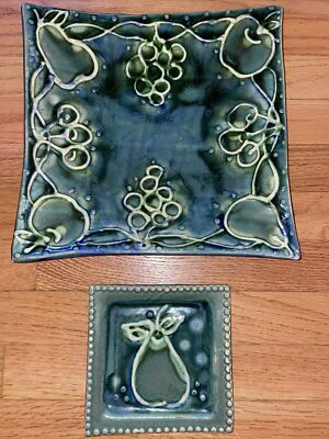 GAEL HILLER STUDIO HANDCRAFTED POTTERY TRAY AND SIDE DISH COBALT AND GREEN NICE!-image
