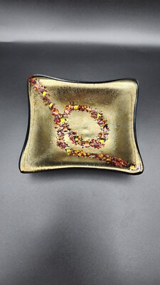 Fused Studio Art Glass Trinket Dish Square Gold Black Multicolor Confetti -image