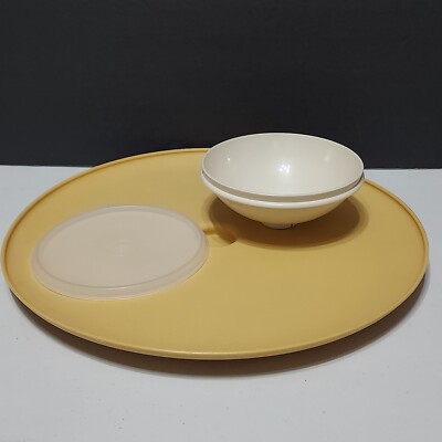 Vgt Tupperware Dip N Serve 492 Chip & Dip Veggie Relish Tray & Bowl Yellow-image