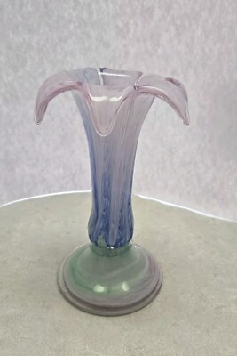 Murano Style Flower Shaped Bud Vase Blue Green Pink-image