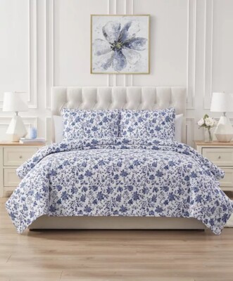 Full/Queen Seventh Studio Alfie Country Blue/White Floral 3pc Quilt Set-image