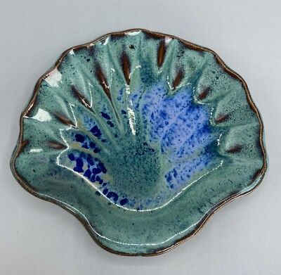 Studio Art Pottery Shell Trinket Dish - blue teal glazed - signed Tortola BVI-image