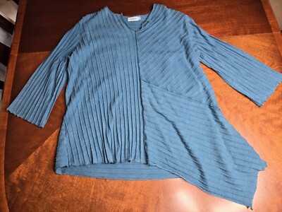 Fenini Artsy Tunic Top Ribbed Lagenlook Funky Flared Dipped Hem Boho Teal Large-image