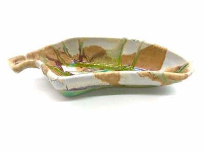 Signed Studio Art Pottery Ceramic Abstract Leaf Shaped Dish Multi Drip Glaze-image