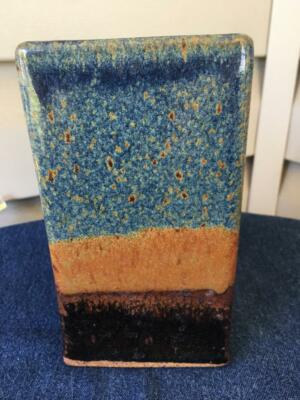 Stoneware Studio Pottery Square Vase Reed Blue Browns Excellent-image
