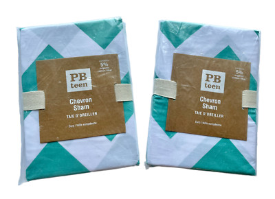 Pottery Barn Teen Euro Pillow Shams Turquoise White Chevron All Cotton Set Of 2-image
