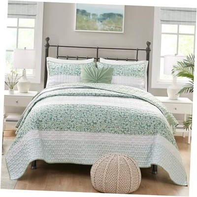  Quilt Set, Seersucker Floral Coverlet for Queen Size Bed, All Full/Queen Green-image