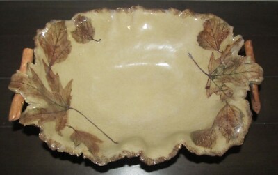 Hand Crafted Dish Wood Handle Bowl Art Studio Pottery Autumn Maple Leaf -image
