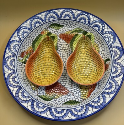 3 Piece Ceramic Chip-N-Dip Set - Mosaic Hand Painted - 16” Round Clay Art-image