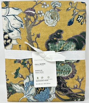 New~Pottery Barn~ Dahlia Floral Duvet Cover~Full Queen~Yellow-image