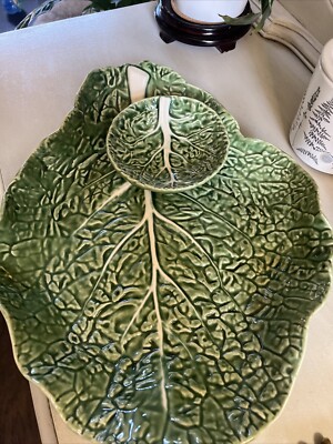 Vintage Bordallo Pinheiro Green Cabbage Leaf Large Chip And Dip  Serving Bowl-image