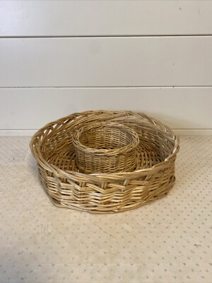 Large Vintage Rattan Wicker Chip and Dip Basket-Round Woven Server Tray Boho G.C-image