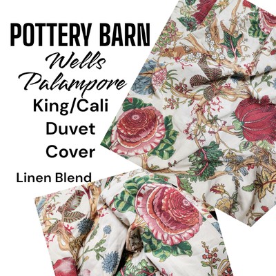 POTTERY BARN WELLS PALAMPORE King/Cali Linen Blend Red Floral Button Duvet Cover-image