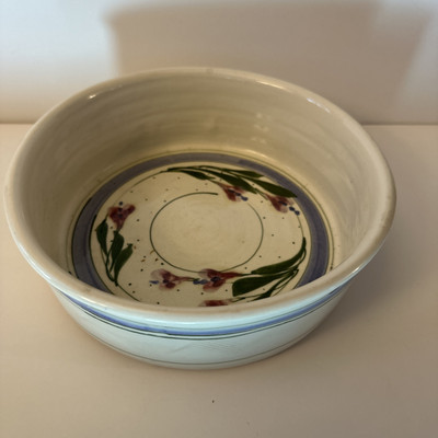 Studio Art Pottery Casserole Deep Bowl Dish Floral Signed Hand Paint Glaze-image