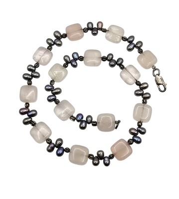 Vintage Sterling Silver 925 Quartz Pearl Choker Necklace Square Gemstone Bead-image