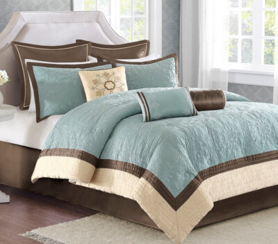 BLUE FAUX SATIN 9pc King COMFORTER SET : CHARMEUSE JULIANA BROWN EMBROIDERED-image