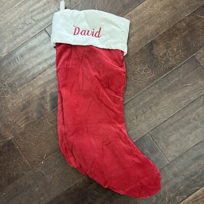 NWOT Pottery Barn Classic Large Red Ivory Velvet Christmas Stocking Mono David-image