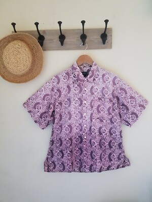 J Peterman Mens Large Shirt Batik Print Ombre Dipped Tribal Hawaiian Purple Plum-image