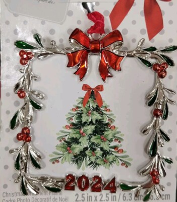 Studio Decor 2024 Red Silver Square Picture Ornament w/ Holly Fits 2.5x2.5 Photo-image